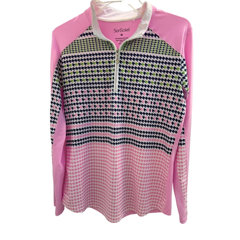 SanSoleil Quarter Zip Top M Pink Houndstooth UPF 50 Cooling Mesh Golf Tennis
